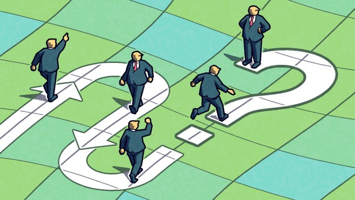 Men in suits make gestures as they wander through a maze in the shape of a question mark