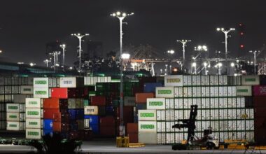 Shipping containers at the Port of Los Angeles on April 13 2025 in Los Angeles, California