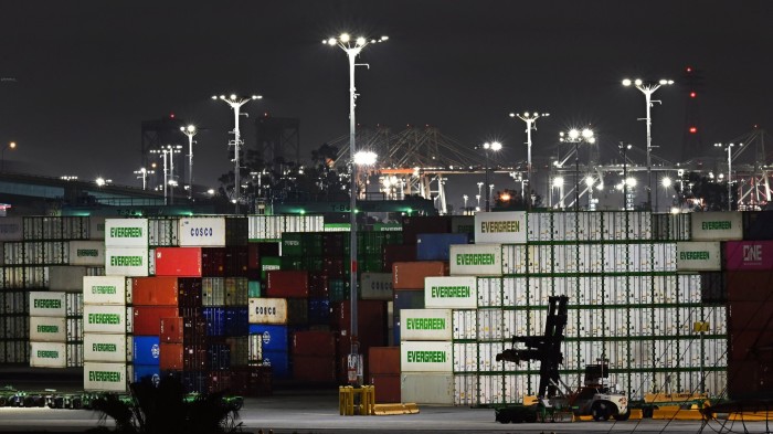 Shipping containers at the Port of Los Angeles on April 13 2025 in Los Angeles, California
