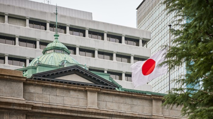 A Japanese flag flies outside the Bank of Japan