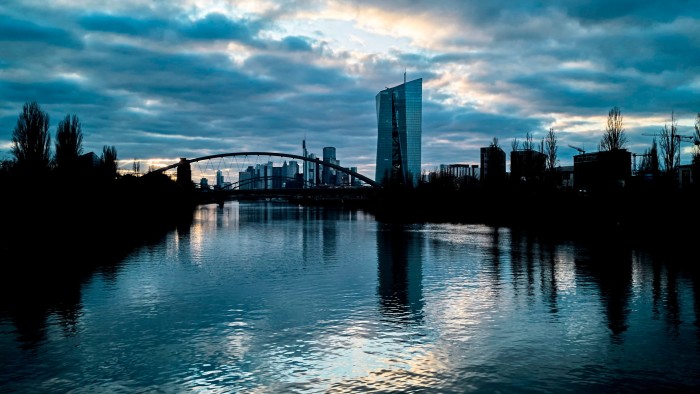 Clouds drift over the European Central Bank and the river Main in Frankfurt, Germany