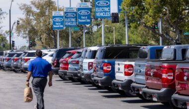 Ford vehicles for sale at a dealership in California, US in April 2025