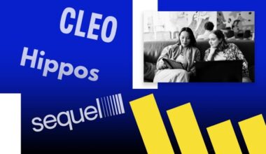 Logos of Cleo, Hippos Exoskeleton and Sequel with photo of women working and chart
