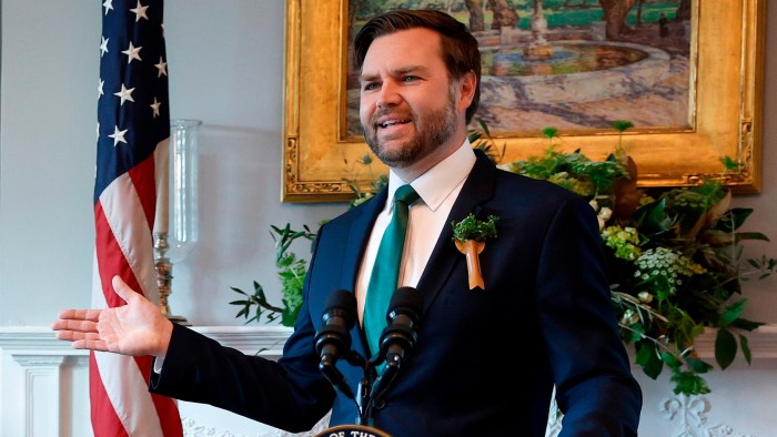 US vice-president JD Vance delivers remarks at a St Patrick’s Day breakfast in Washington last month