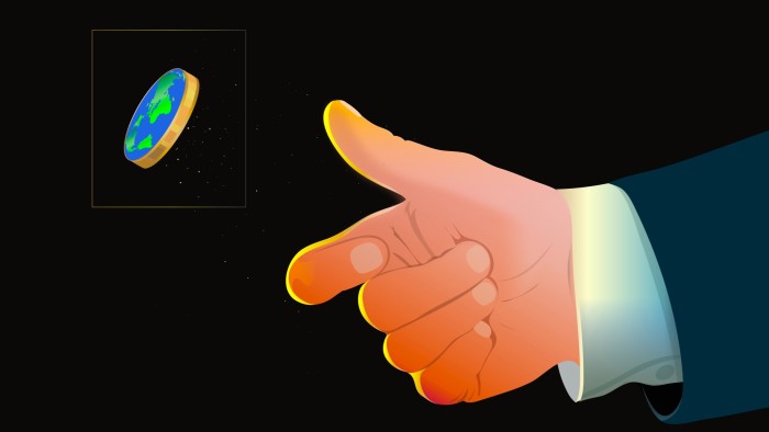 Efi Chalikopoulou illustration of Donald Trump’s hand flipping a golden coin, with its face as a map of the Earth