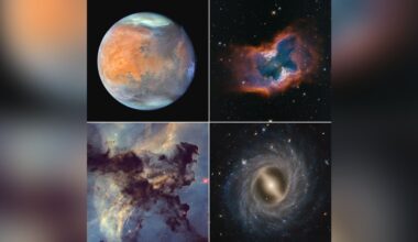 A grid of four space images: a blue and orange planet, a colorful nebula with bright center, a dark dusty nebula, and a spiral galaxy with a bright core.