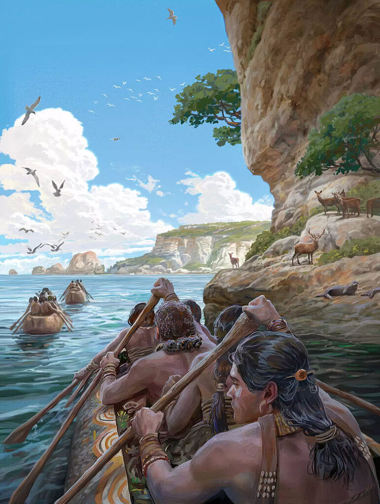 8,500 years ago, a thousand years before the arrival of the first farmers, hunter-gatherers crossed at least 100 km of open water to reach the Mediterranean island of Malta. Illustration: Daniel Clarke/ MPI-GEA