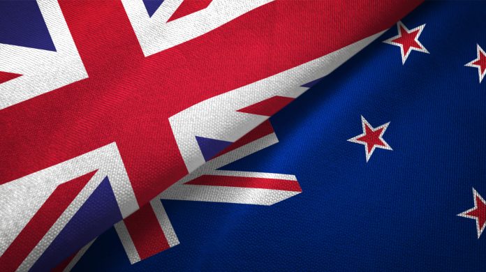 New Zealand and United Kingdom two flags together realations textile cloth fabric texture