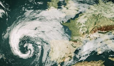 A storm on a weather map implying climate change / climate challenges