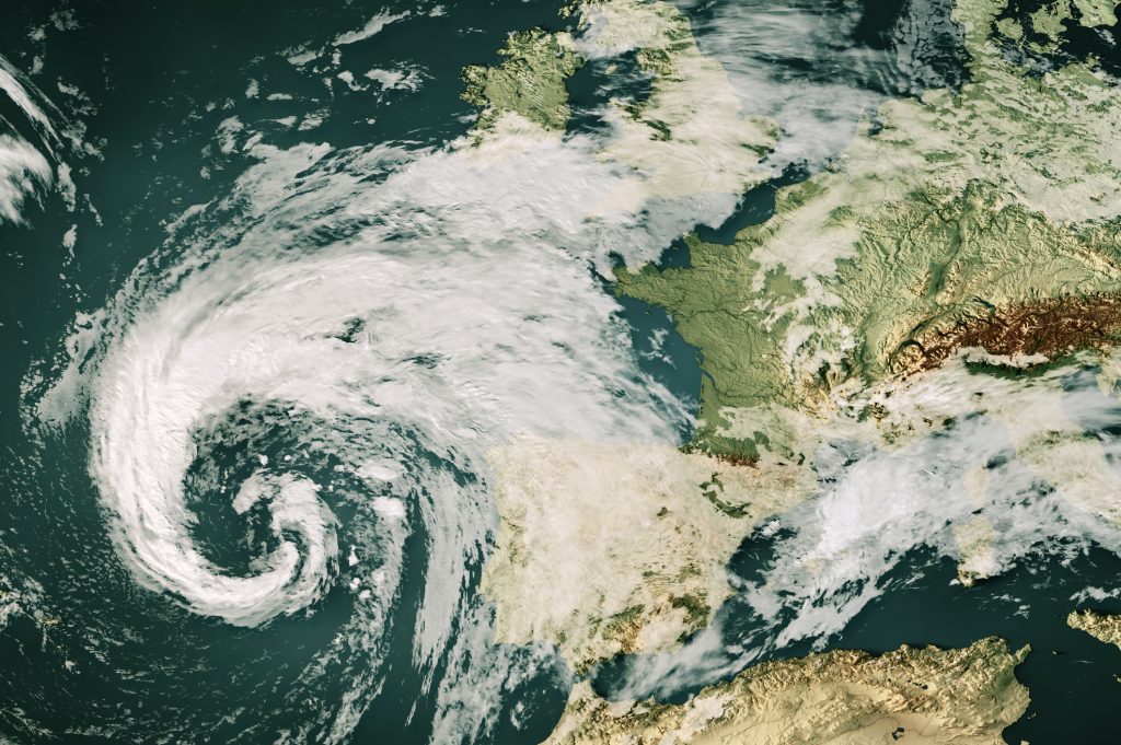 A storm on a weather map implying climate change / climate challenges