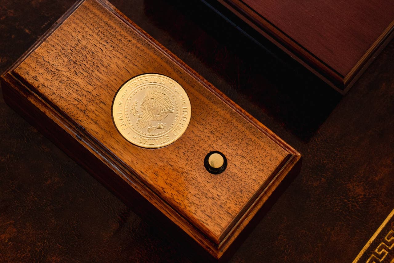 A wooden box with the presidential seal in the Oval Office. Photo: Shuran Huang for WSJ