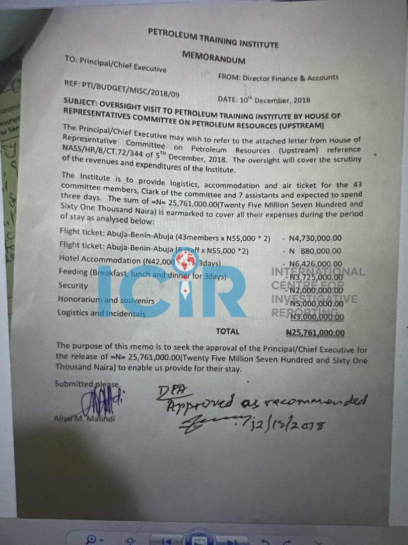 Another memo showing N 25 million was paid for a National Assembly oversight visit.