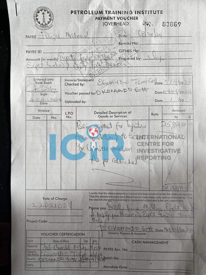 Payment voucher showing money was released for the visitation, that the National Assembly, dismissed