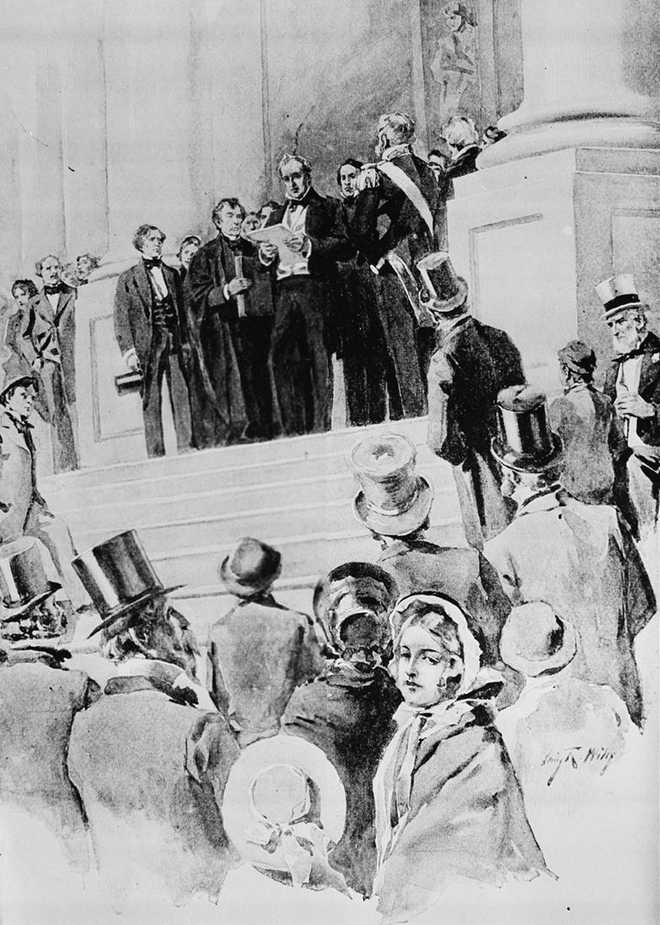 President James Buchanan delivers his address after being sworn in as the 15th president of the United States in front of the Capitol in Washington, D.C., March 4, 1857. The oath was administered by Chief Justice Roger B. Taney. (AP Photo)