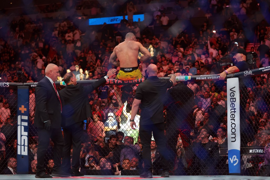 Jean Silva in blue gloves celebrating after defeating Bryce Mitchell in red gloves at UFC 314 event, with Elon Musk and excited crowd in background.