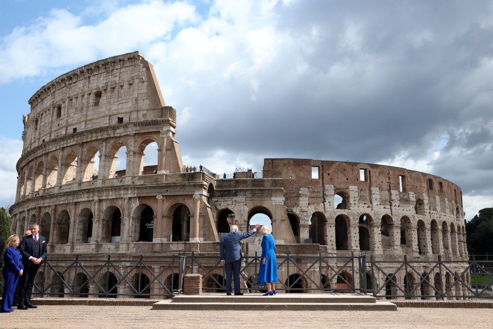 King Charles III and Queen Camilla at the Colosseum in Rome.