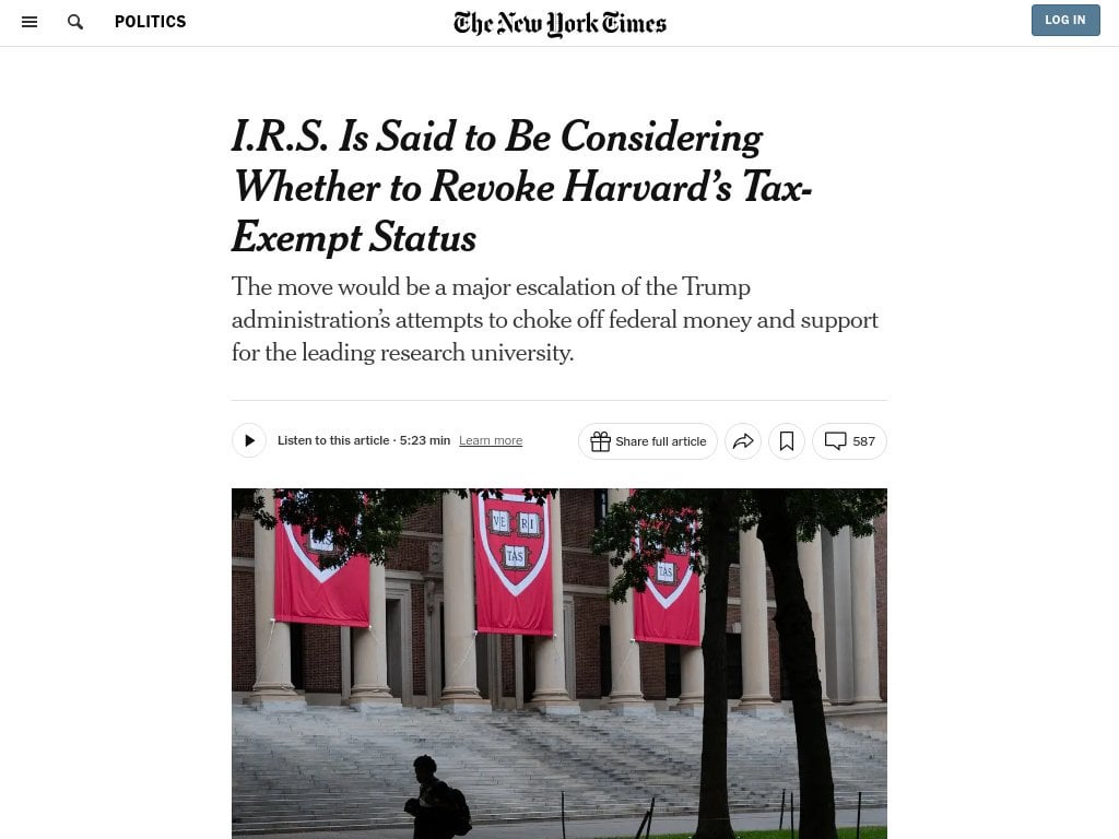 I.R.S. Is Said to Be Considering Whether to Revoke Harvard’s Tax-Exempt Status