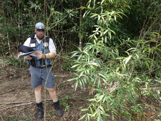 A wildlife officer making notes on a clipboard in front of a small tree.
