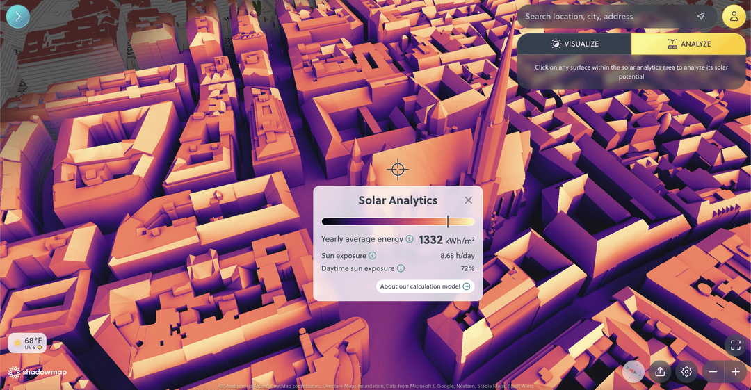 [OC] Solar heat map in global 3D visualization (Shadowmap).