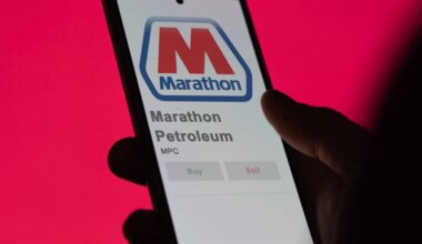 Close up photo off marathon petroleum logo on a smart phone. Marathon petroleum price stocks.