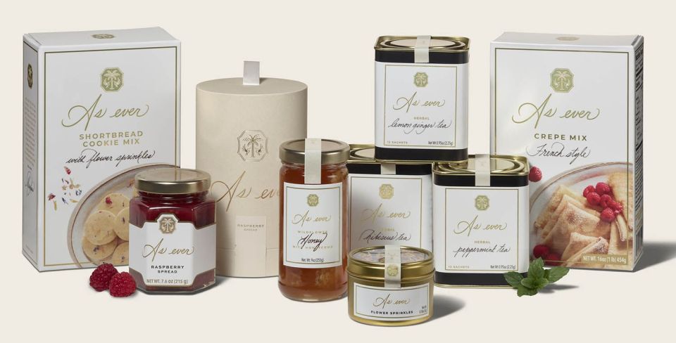 Assortment of As Ever brand food and beverage products.