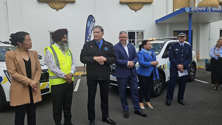 MP Nancy Lu, Daljeet Singh of the Supreme Sikh Society, CPNZ Chair Chris Lawton, Minister of Police Mark Mitchell, Takanini MP Rima Nakhle, and Counties Manukau District Commander Superintendent Shanan Gray at the launch of the Takanini Community Patrols.