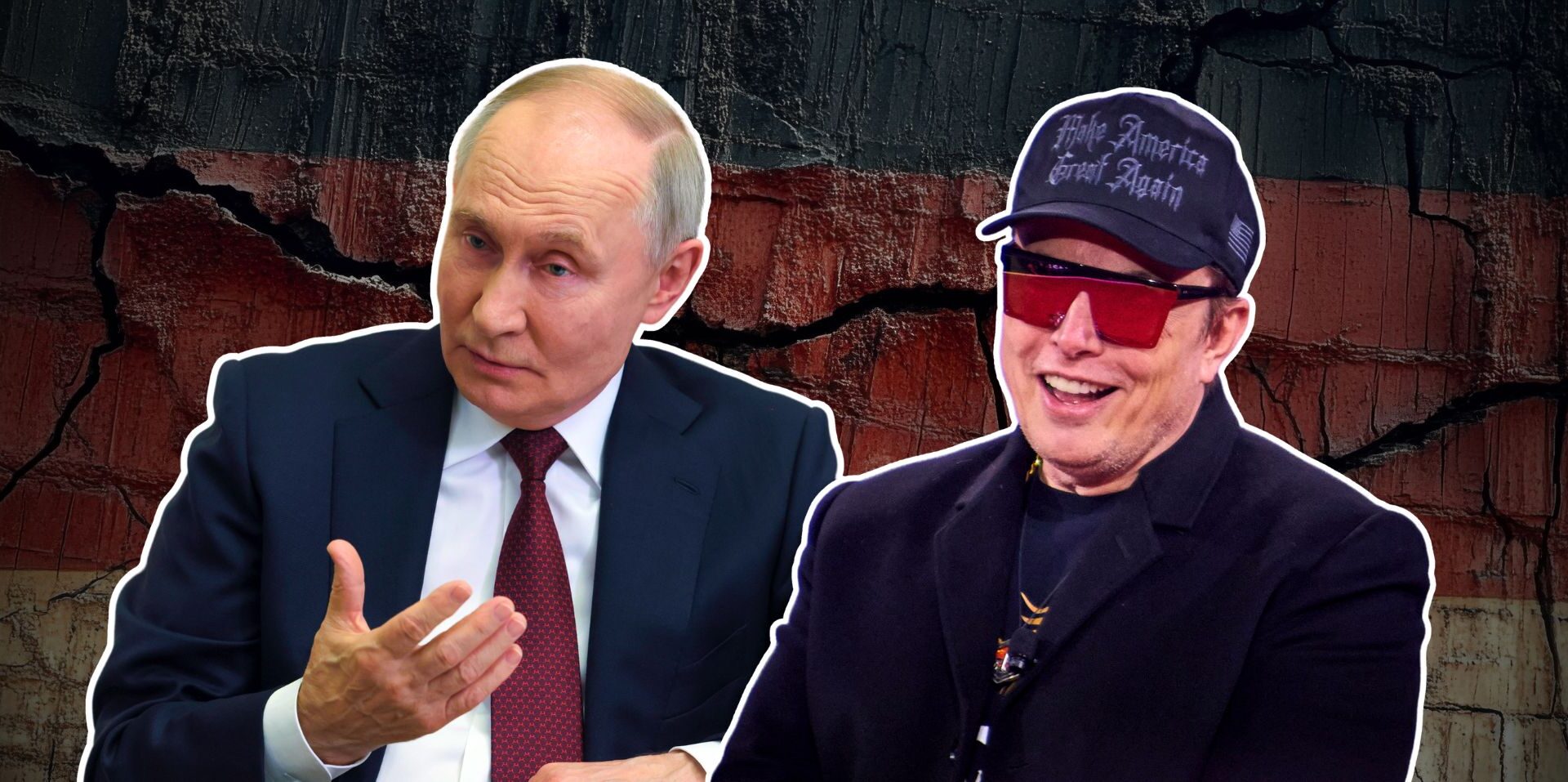 Wladimir Putin (l.) und Elon Musk (r.) vor einer bröckelnden Deutschlandflagge