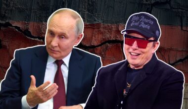 Wladimir Putin (l.) und Elon Musk (r.) vor einer bröckelnden Deutschlandflagge