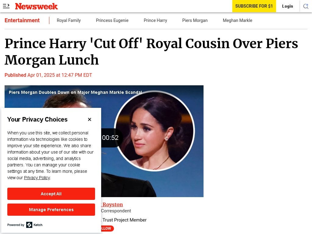 Prince Harry 'Cut Off' Royal Cousin Over Piers Morgan Lunch