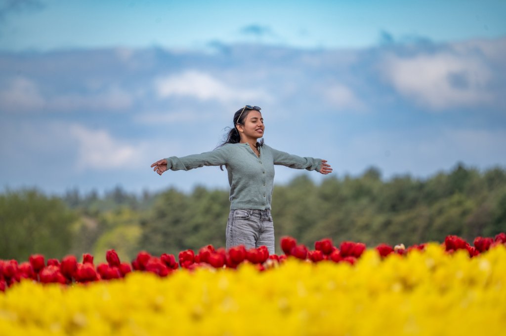 a girl stands in the field of tulips with her arms out