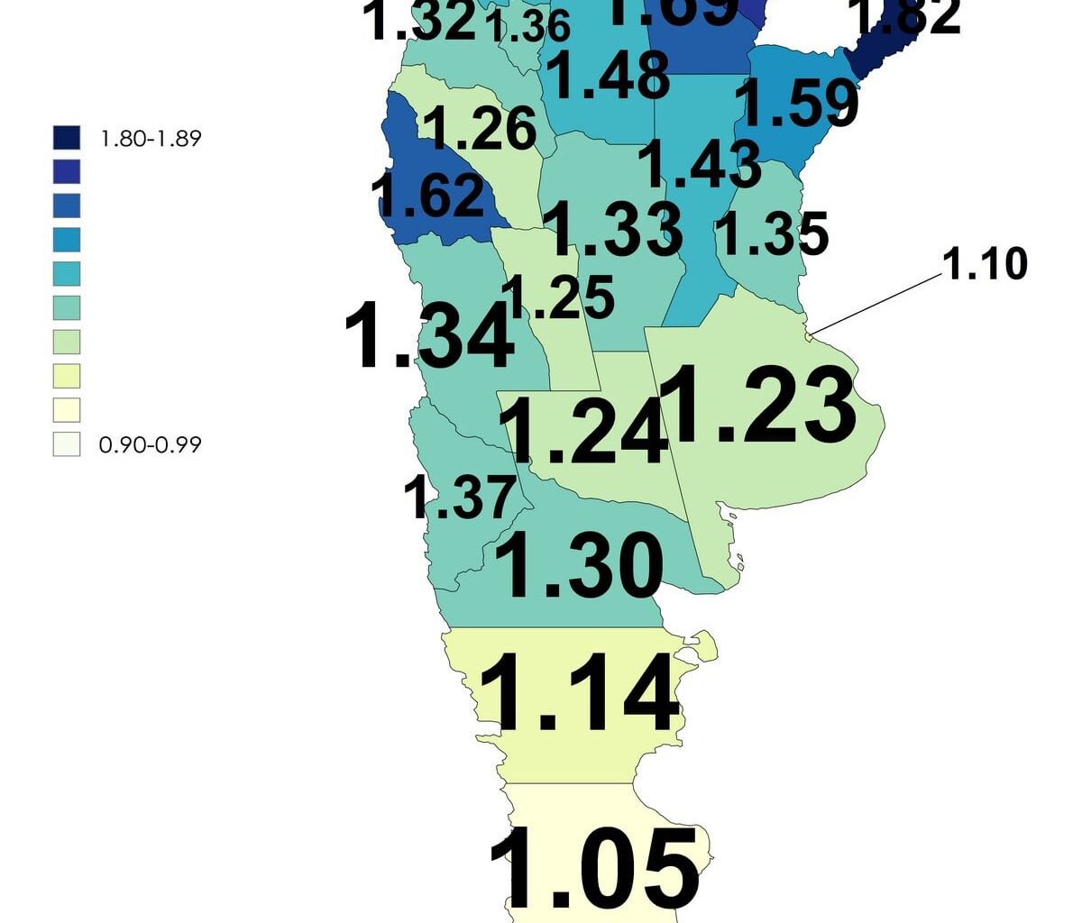 Fertility rate in Argentine provinces, 2023