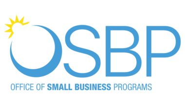 The logo of NASA's Office of Small Business Programs. Blue text shows the acronym of the office "OSBP," while the office's full name is below it.