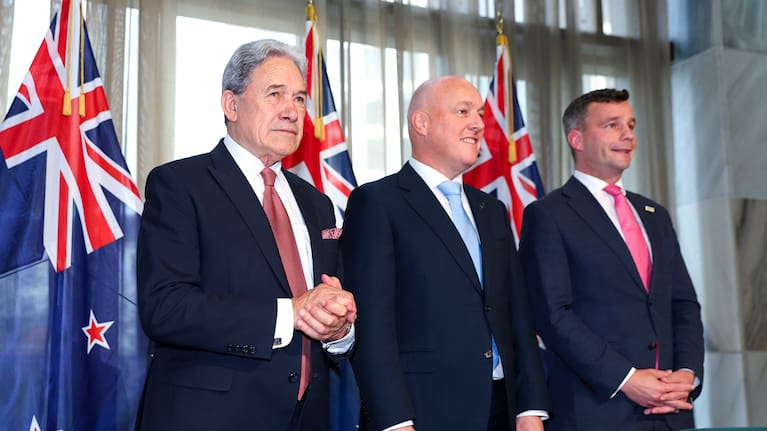 Winston Peters, Christopher Luxon and David Seymour at the coalition deal announcement.
