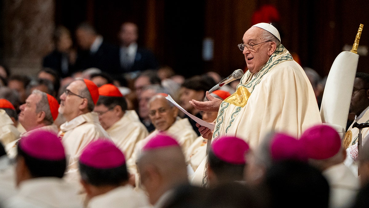Pope Francis delivers his speech during the Holy Mass with