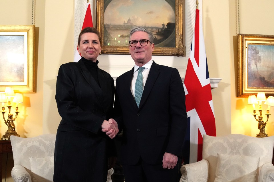 Keir Starmer and Mette Frederiksen shaking hands at 10 Downing Street.