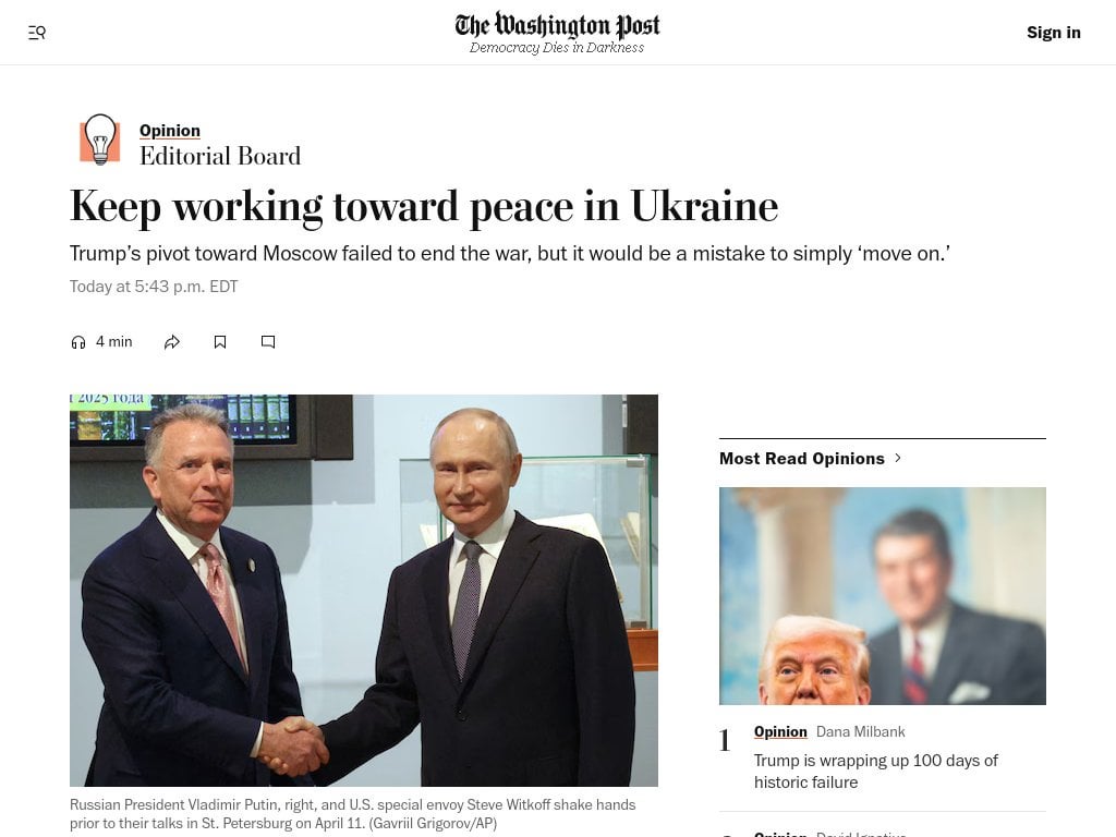 Keep working toward peace in Ukraine. Trump’s pivot toward Moscow failed to end the war, but it would be a mistake to simply ‘move on.’