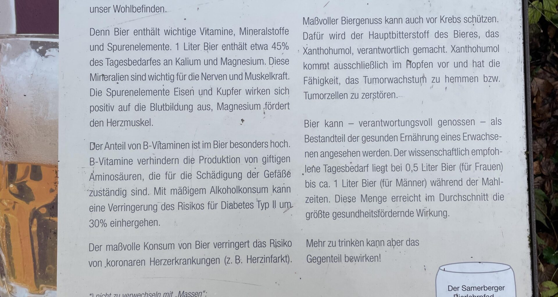 „Bierlehrpfad“ in Bayern behauptet, bis zu 1L Bier PRO TAG wäre gesund. (Für Männer, für Frauen <0,5L)