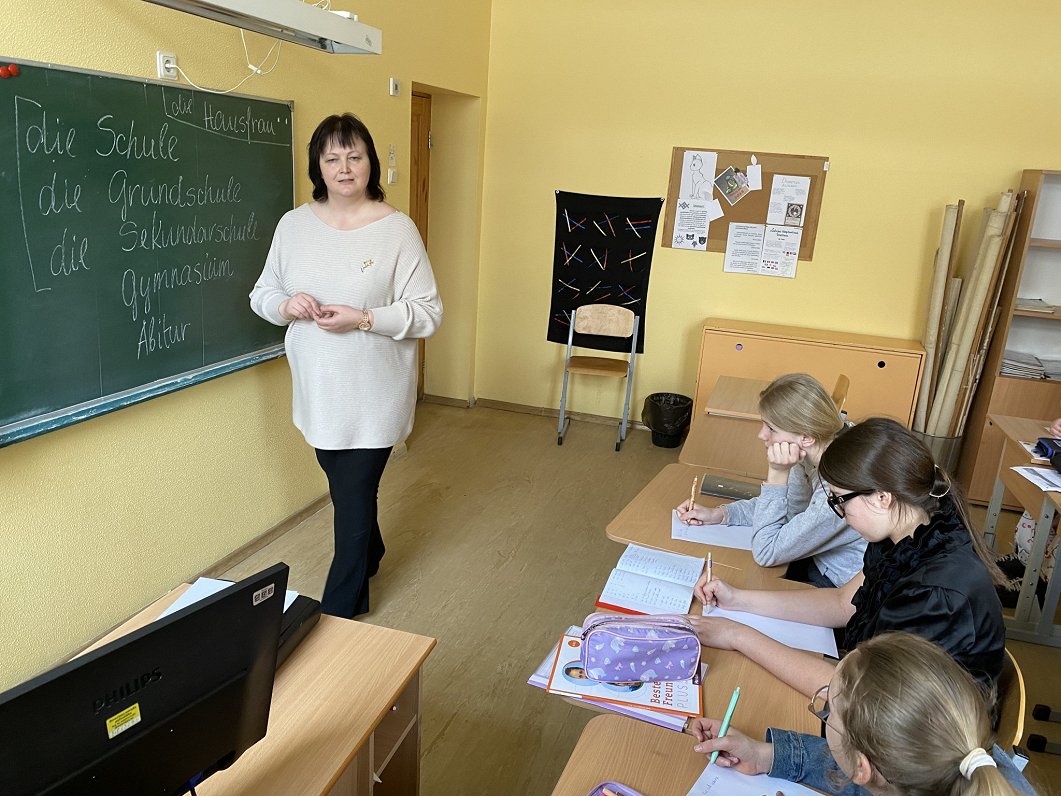 German language teacher Dace Spāre during a German lesson at the Trikāta Elementary School