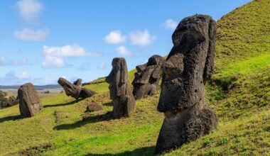 Stone moai statues of Rapa Nui stand partially buried