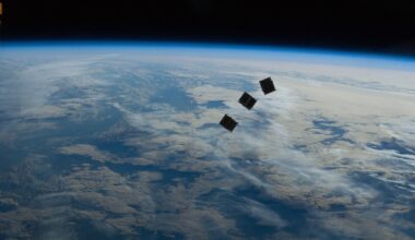 A trio of small satellites photographed outside the ISS in 2012 (not related to the Russian satellite).