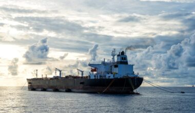 Stock photo of an oil tanker moored at sea