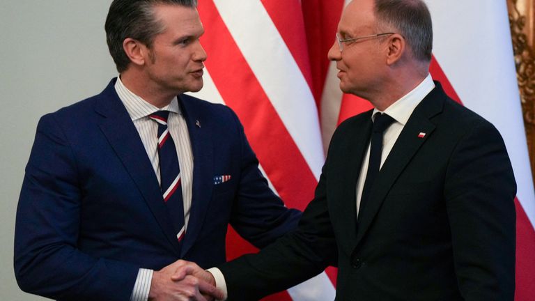 US defence secretary Pete Hegseth and President Duda met in Warsaw in February. Pic: Reuters