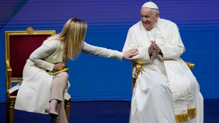 Pope Francis with Giorgia Meloni at a conference in Rome in 2023. Pic: AP