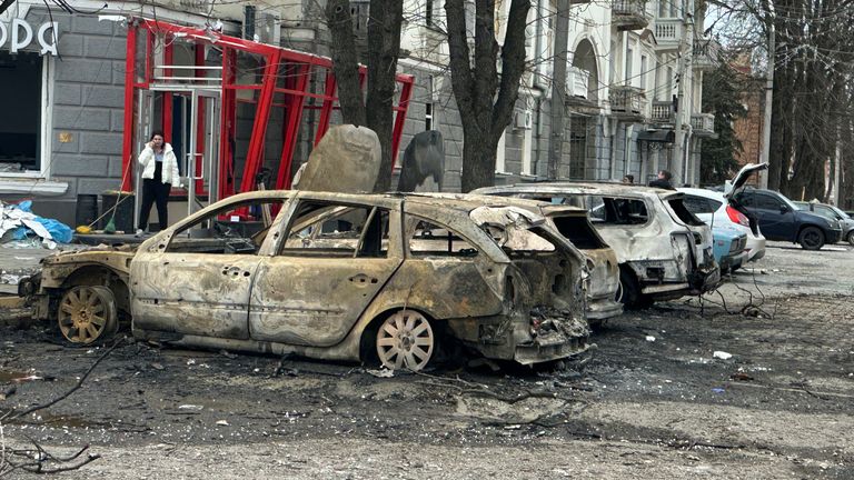 Damaged cars at the site of a Russian missile strike on Sumy. Pic: Reuters