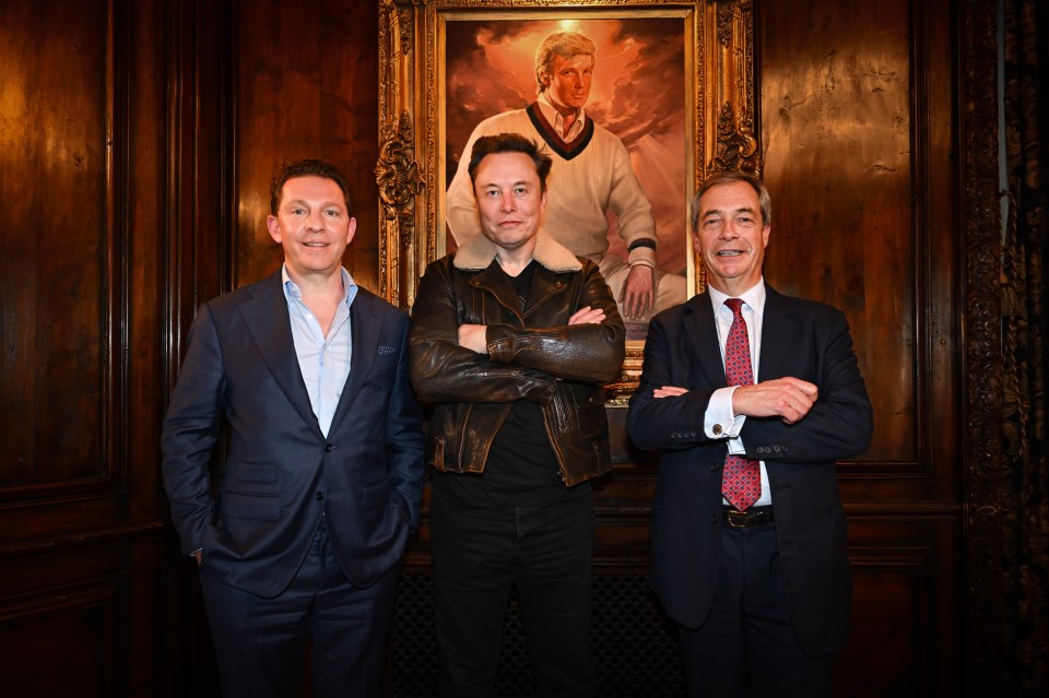 Photo of Elon Musk with Nigel Farage and Nick Candy.