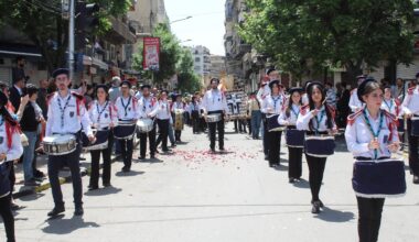 Christians march in a parade to celebrate Easter for the first time under the Islamist-led government control, in Damascus, Syria