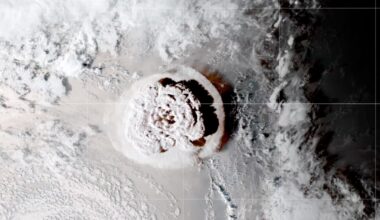 A satellite image of the Tonga eruption.