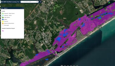 Topsail Sound and Stump Sound shellfish lease sites are color-coded on this screen grab from the North Carolina Division of Marine Fisheries