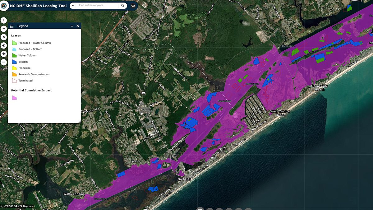 Topsail Sound and Stump Sound shellfish lease sites are color-coded on this screen grab from the North Carolina Division of Marine Fisheries