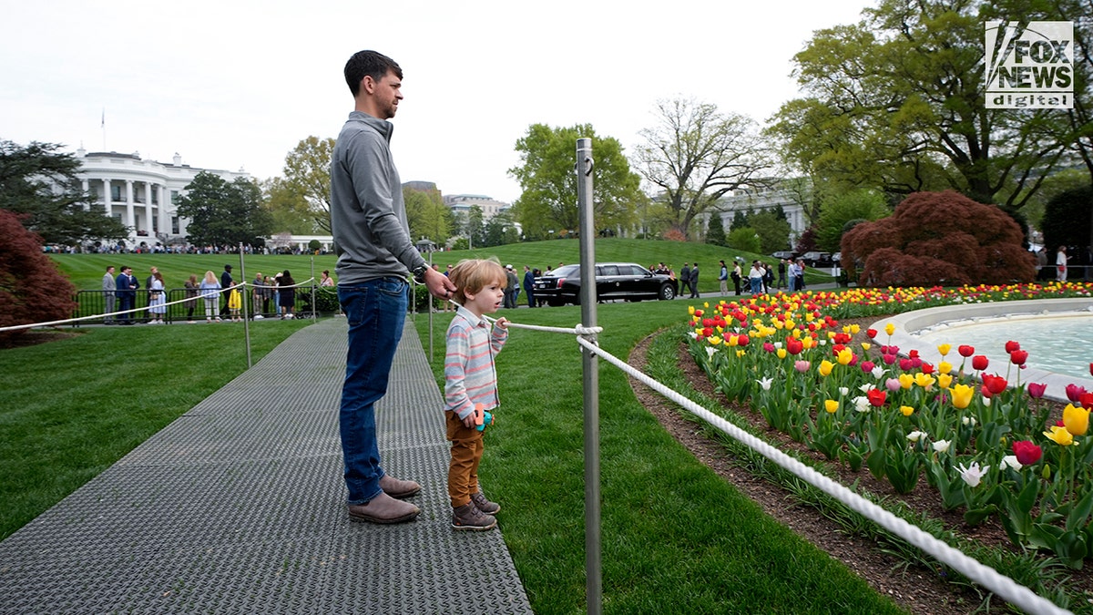Father and son at the public tours of the White House gardens in Washington, D.C.